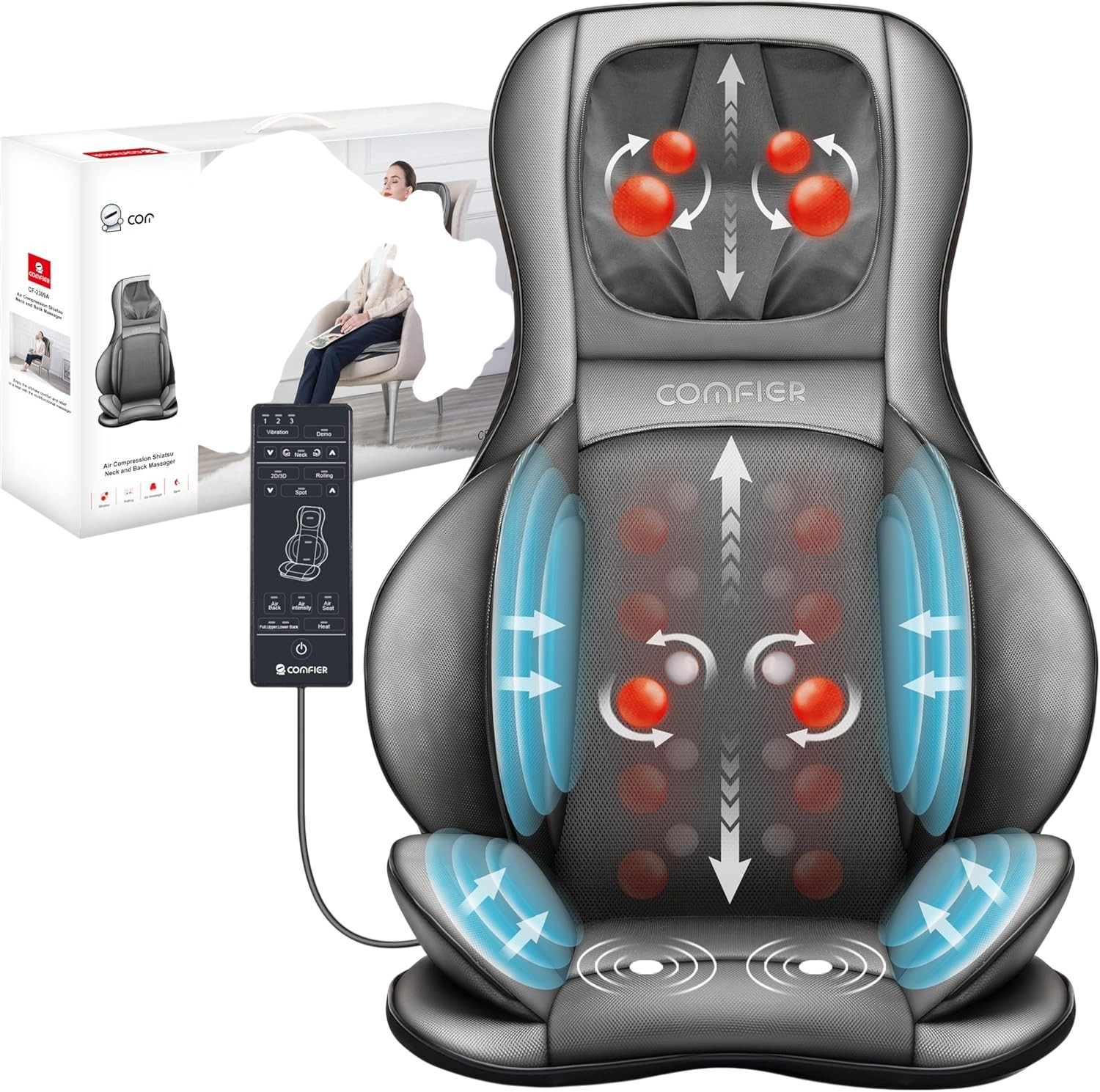 Comfier shiatsu neck back massager chair pad with heat